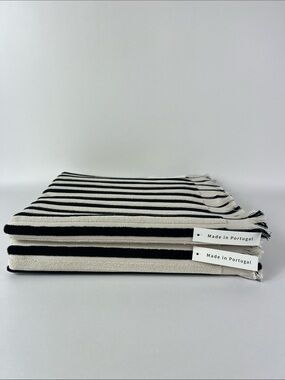 Bianca Bath Towel Set Striped Black & Cream with Fringe Made in Portugal 2pc NEW